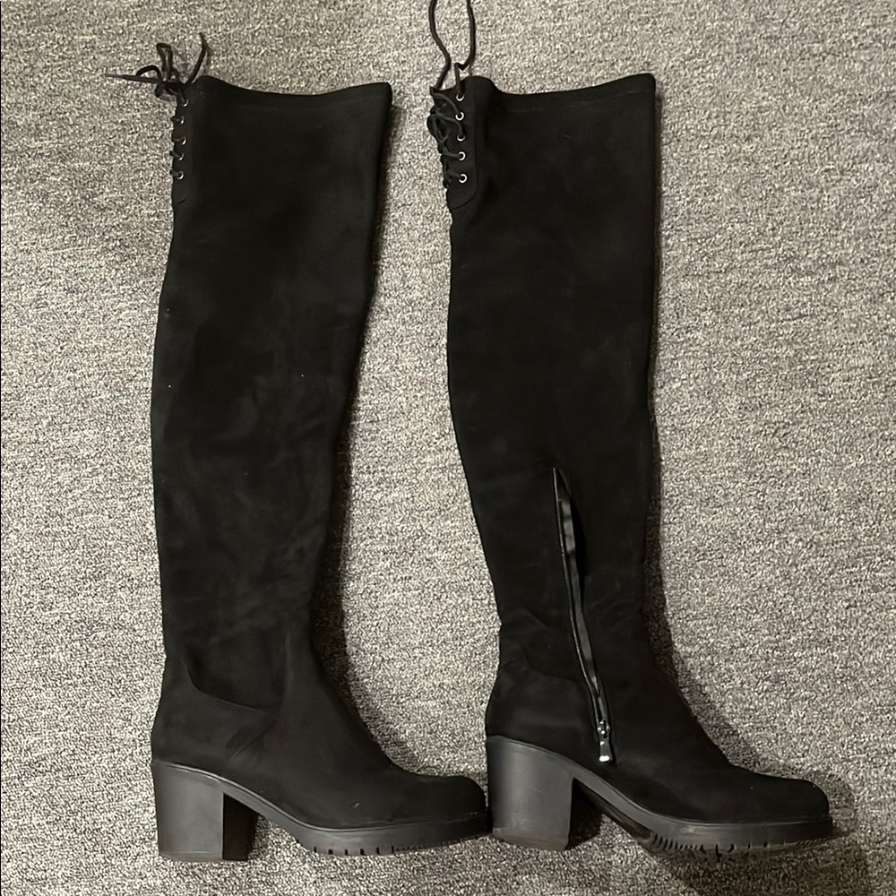 Sleek Black Over the Knee Boots with Chunky Heel